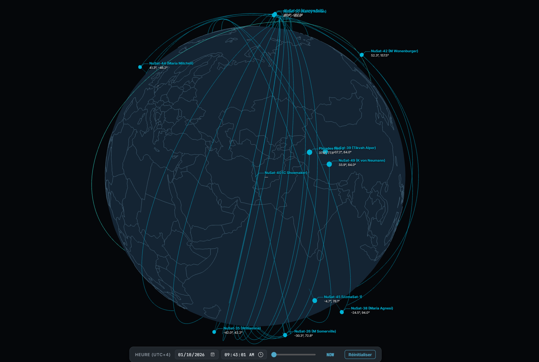 3D Sim: a rotatable globe showing live SGP4 orbit traces for a dozen NuSat satellites, each labelled with its name and current latitude/longitude, with a time control bar at the bottom.