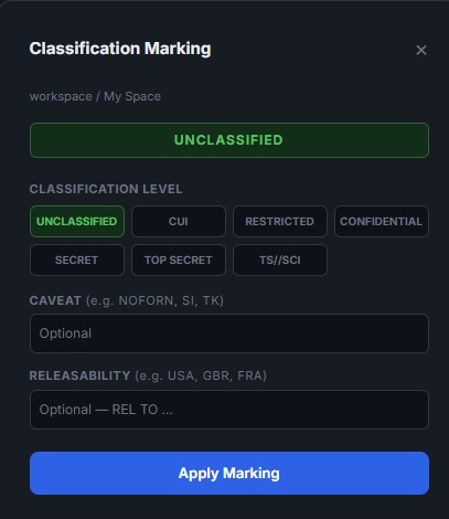 The Classification Marking dialog: a green UNCLASSIFIED banner above seven selectable levels from UNCLASSIFIED through TS//SCI, with optional caveat and releasability fields and an Apply Marking button.
