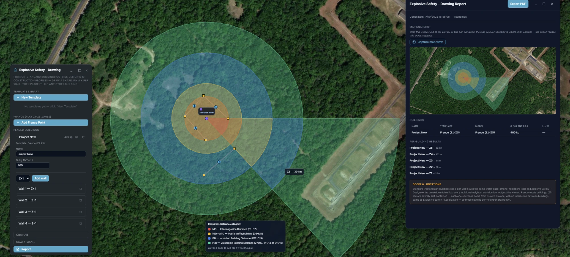 Explosive Safety - Drawing panel with a France-mode point showing its five concentric Z1-Z5 zones, Z5 at 324 m, overlapping a standard building's own IATG hazard zone, and the Report window listing per-zone distances for each model side by side.