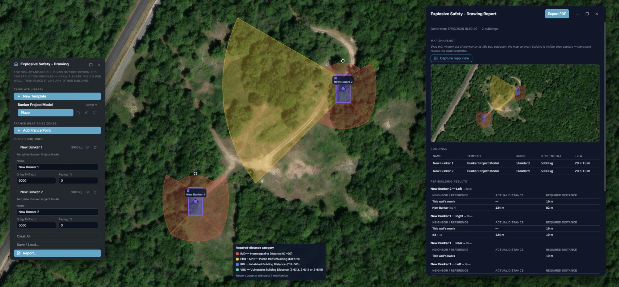 Explosive Safety - Drawing panel with two custom bunker buildings built from one saved template, each with its own directional hazard zone, and the Report window's per-neighbor breakdown table showing each wall's own k-factor distance against the actual distance to the other building.
