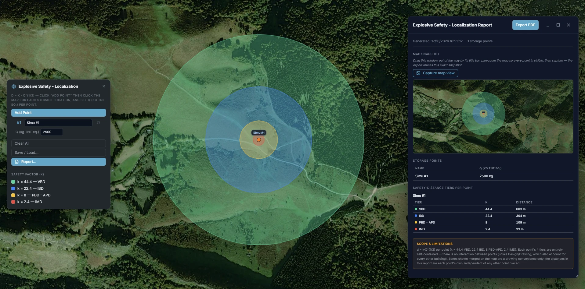 Explosive Safety - Localization panel with one 2,500 kg storage point and its four concentric k-factor safety circles, and the Report window listing VBD 603 m, IBD 304 m, PBD-APD 109 m and IMD 33 m.