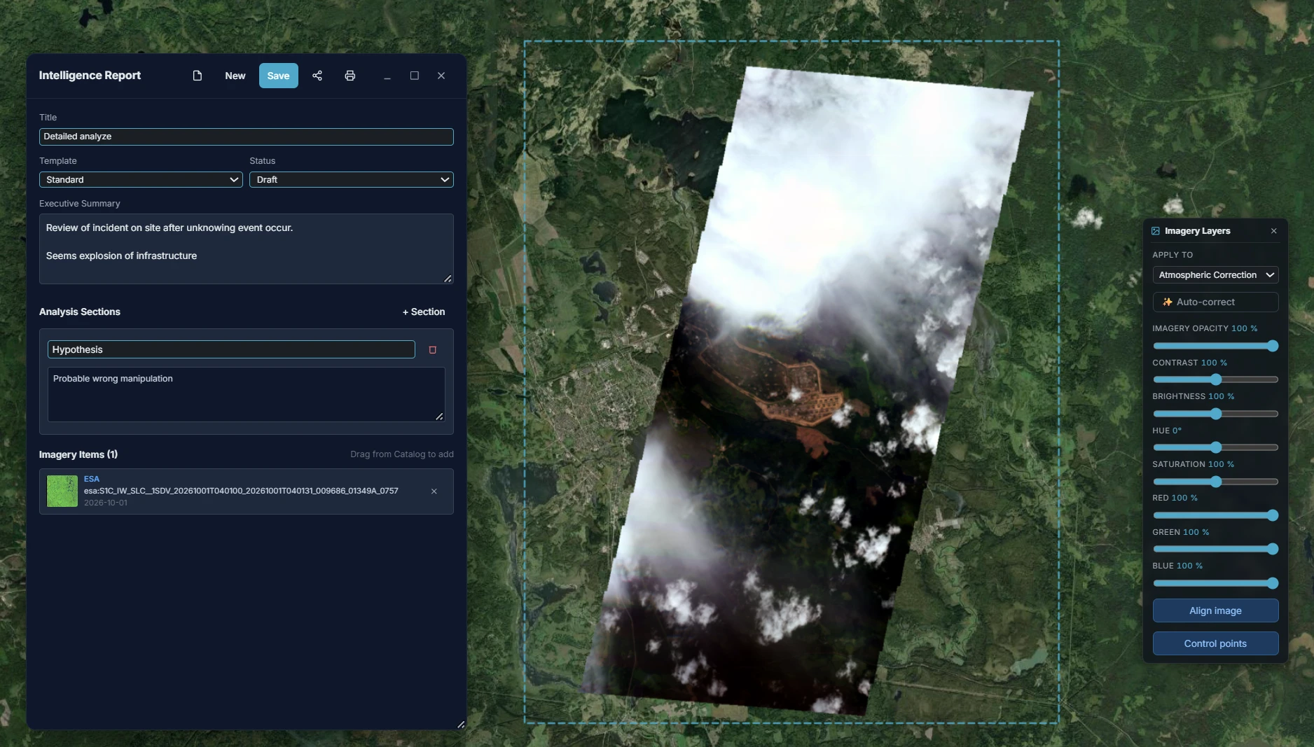 SatView workspace: the Intelligence Report panel on the left (title, executive summary, one analysis section, one attached Sentinel-1 ESA item), the map in the middle showing a draped, georeferenced Sentinel-1 SAR scene inside its AOI footprint, and the Imagery Layers panel on the right with atmospheric correction, opacity/contrast/brightness/hue/saturation/RGB sliders, and Align image / Control points actions.