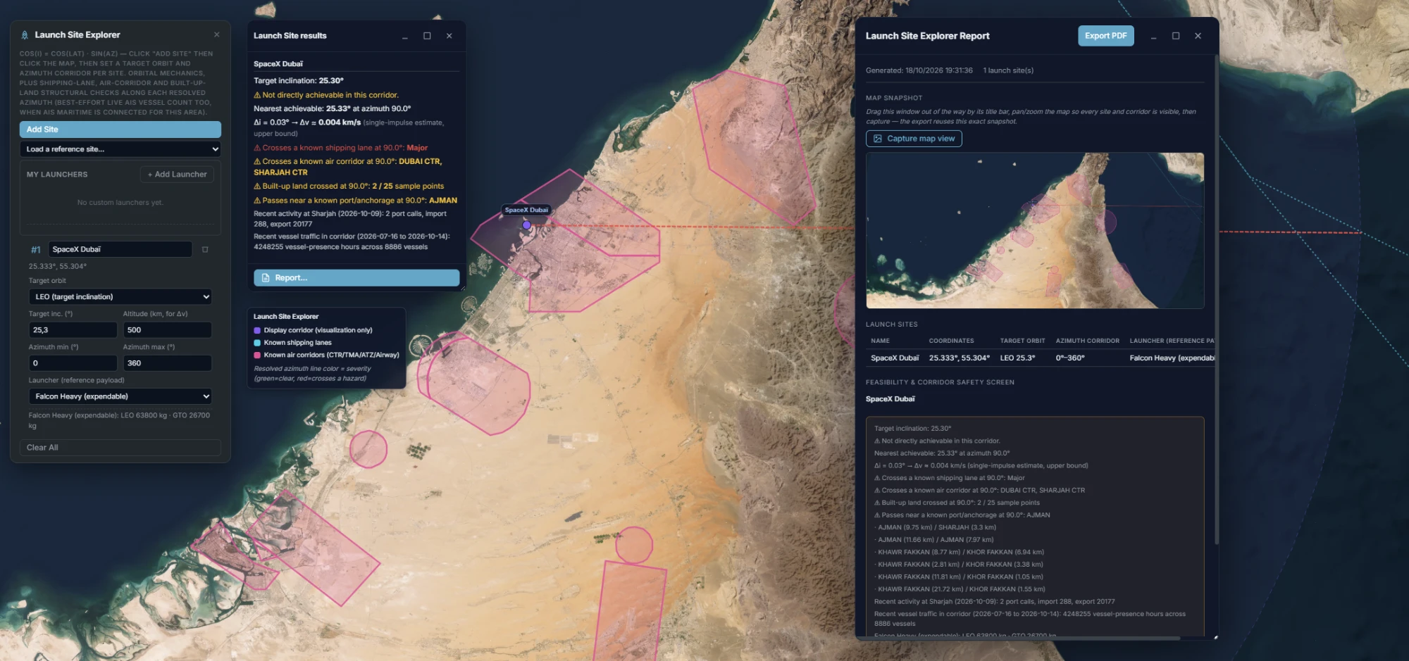 Launch Site Explorer with four windows open at once: the main panel (site, target orbit, azimuth corridor, launcher), a dedicated results window reporting a shipping-lane Major crossing, Dubai CTR and Sharjah CTR air-corridor crossings, built-up land, a nearby port/anchorage, recent IMF PortWatch port activity and 4.2M vessel-presence hours from Global Fishing Watch, a map legend for the drawn layers, and the branded PDF report window with the same detail.