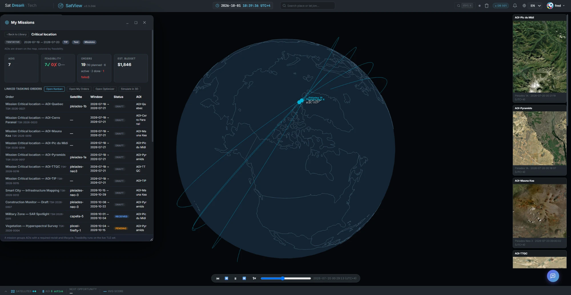 A mission replayed in 3D Sim: orbit traces over the globe, a linked-tasking-orders table with 19 orders across 7 AOIs, and a stack of onboard-camera snapshot cards on the right — one real satellite image per AOI as its pass window is entered, each labelled with the satellite name and acquisition time.