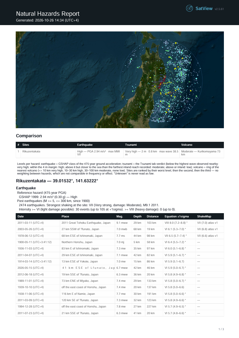 First page of the Natural Hazards PDF report: map of the site with its distance rings and earthquakes, the comparison table, then the earthquake detail for Rikuzentakata with the strongest past events.