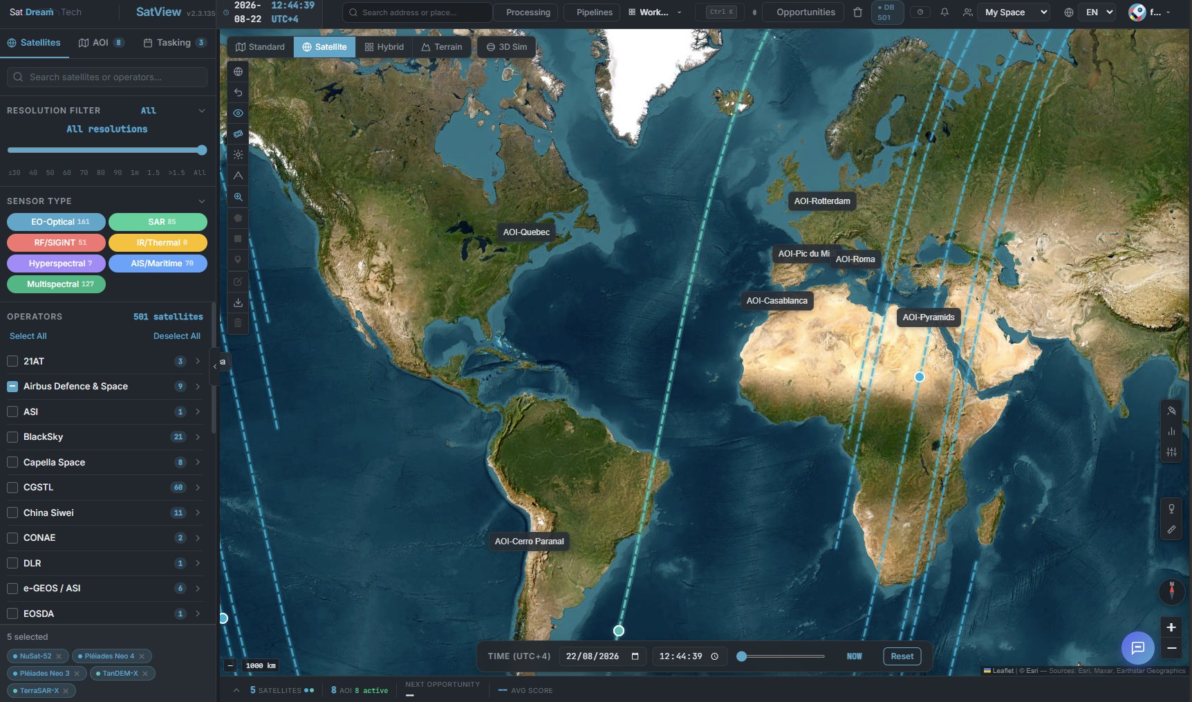 SatView operations view: the satellite catalog panel listing 501 satellites by sensor type and operator, beside a world map showing orbit tracks and seven labelled areas of interest across Europe, Africa and the Americas.