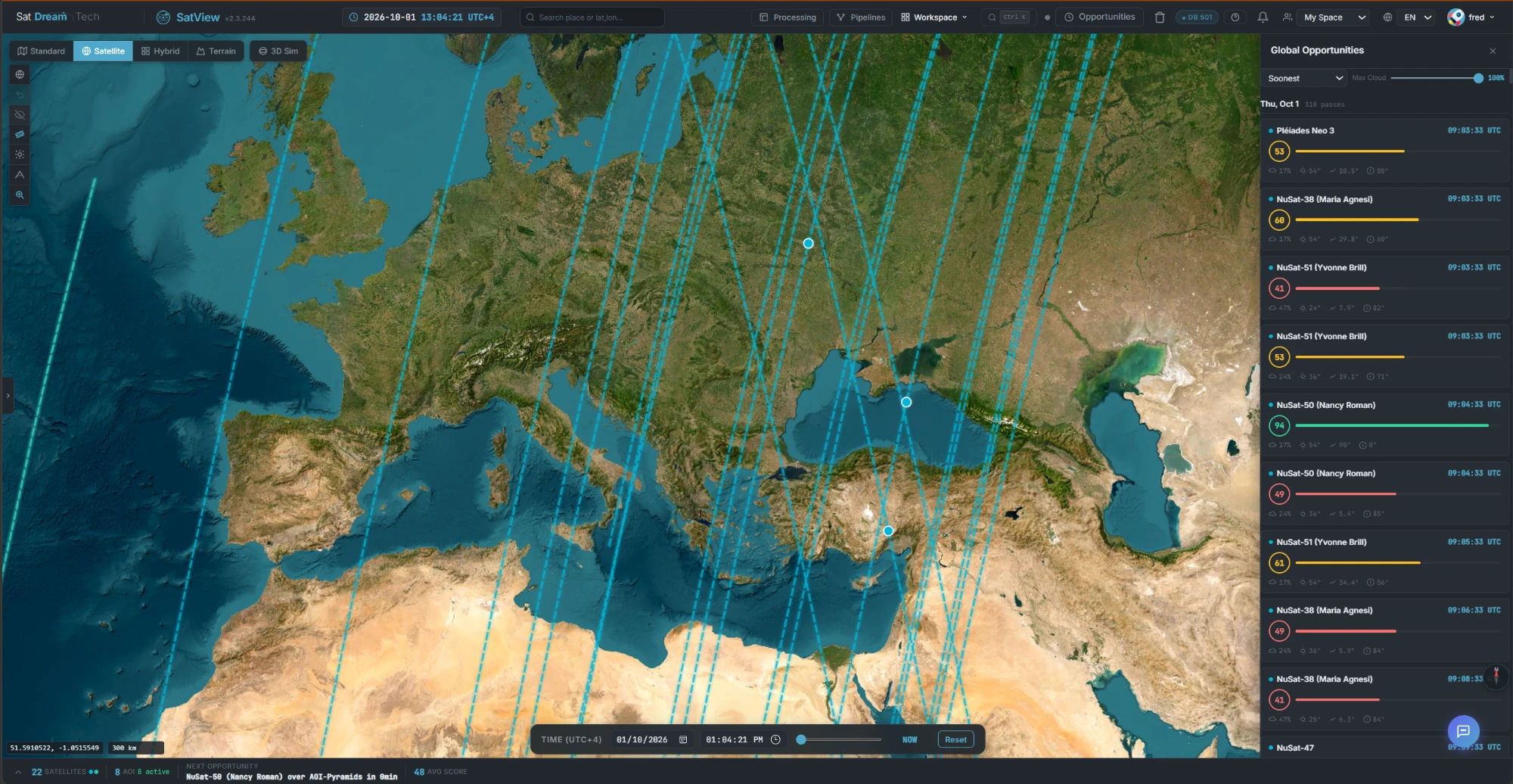 The Global Opportunities panel: 110 passes for Thursday, sorted soonest-first with a max-cloud filter, each pass scored 0-100 with a color-coded bar and showing cloud cover, sun elevation and off-nadir angle — ground tracks for every active satellite drawn on the map behind it.