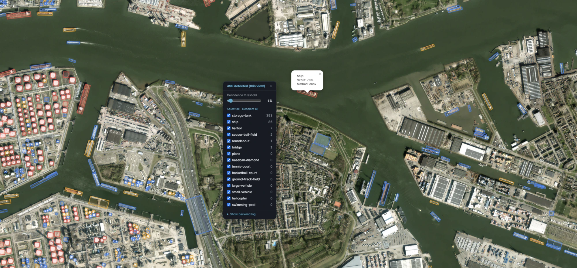 A ship detected on a harbour channel in Rotterdam, popup showing 'ship, Score: 78%, Method: onnx' — 490 objects detected in this view including 86 ships and 7 harbours, alongside 393 storage tanks.