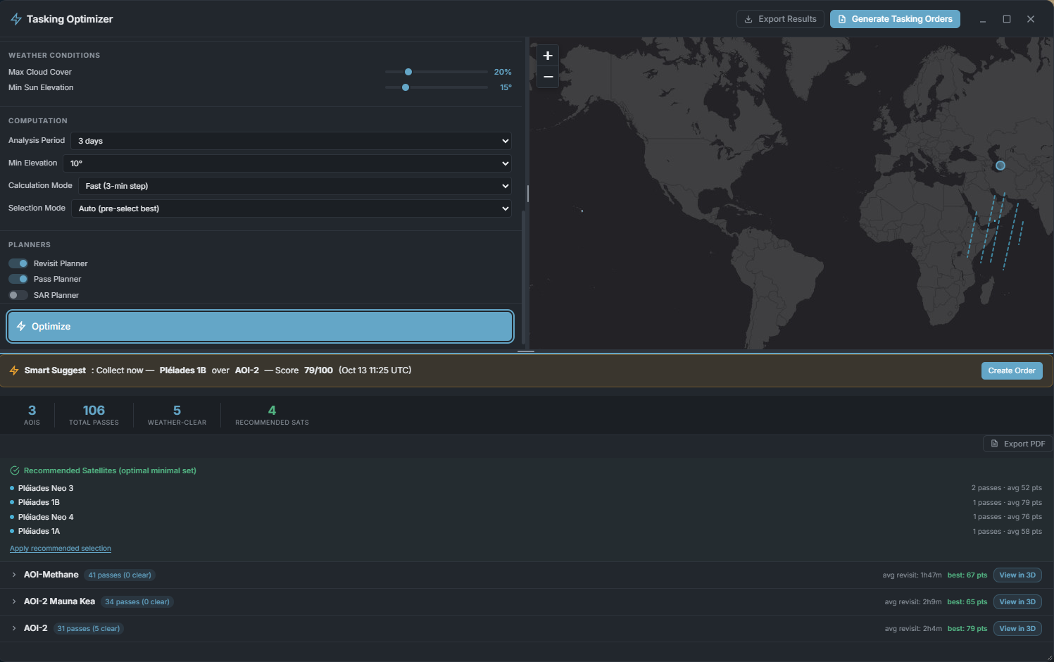The Tasking Optimizer: weather conditions (max cloud cover, min sun elevation) and computation settings on the left, with Revisit, Pass, and SAR planner toggles, a Smart Suggest banner recommending an immediate order, recommended satellites (optimal minimal set), and a per-AOI results list with pass counts and a View in 3D button for each AOI.